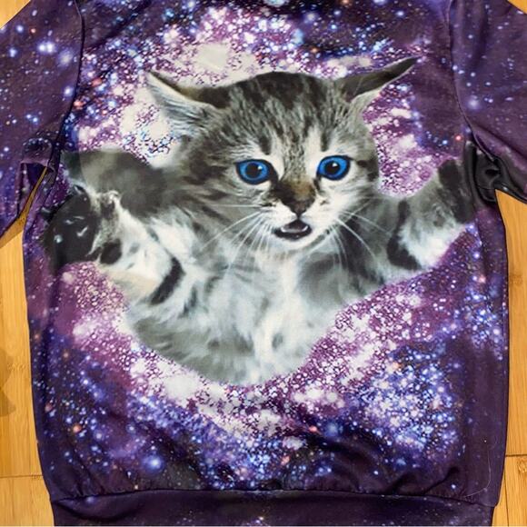 Amazing SuperCat Galaxy Cat Sweatshirt Size Large  Front Back Graphic Top - Picture 2 of 5